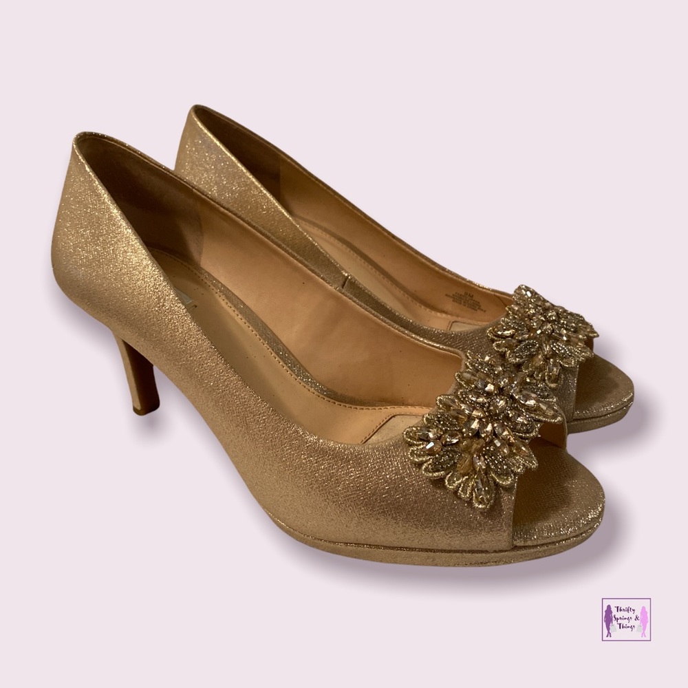 Alex Marie Gold Open Toe Pumps Size 9 with Embellishments